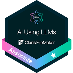 Claris FileMaker AI Using LLMs Associate Certification logo, 250 pixels x 250 pixels